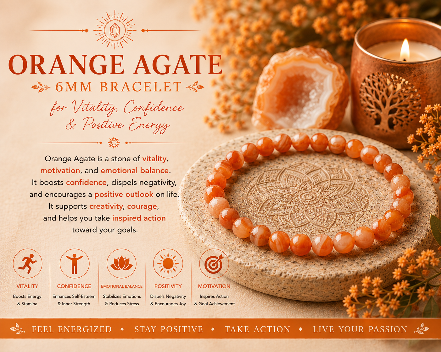 Orange Agate 6mm Bracelet